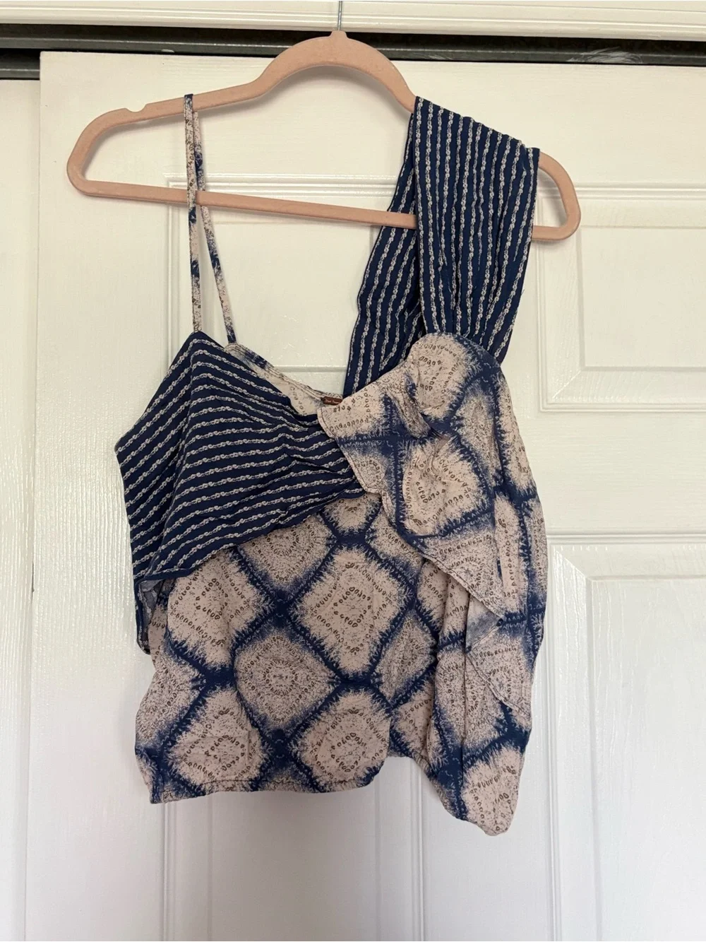 Free People Blue and Cream Patterned Spaghetti Strap Camisole